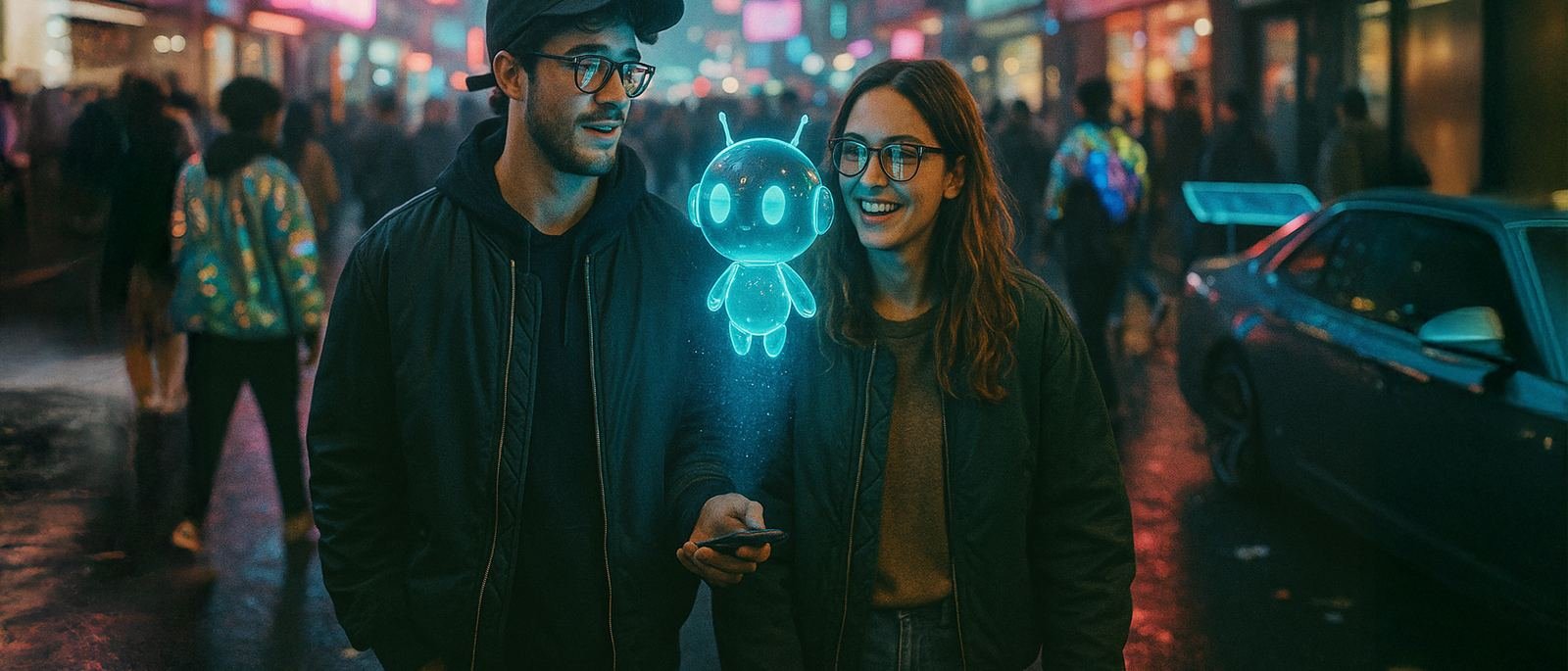 A couple wearing AR glasses looks at a small hologram anchored to a smartphone in a crowded street