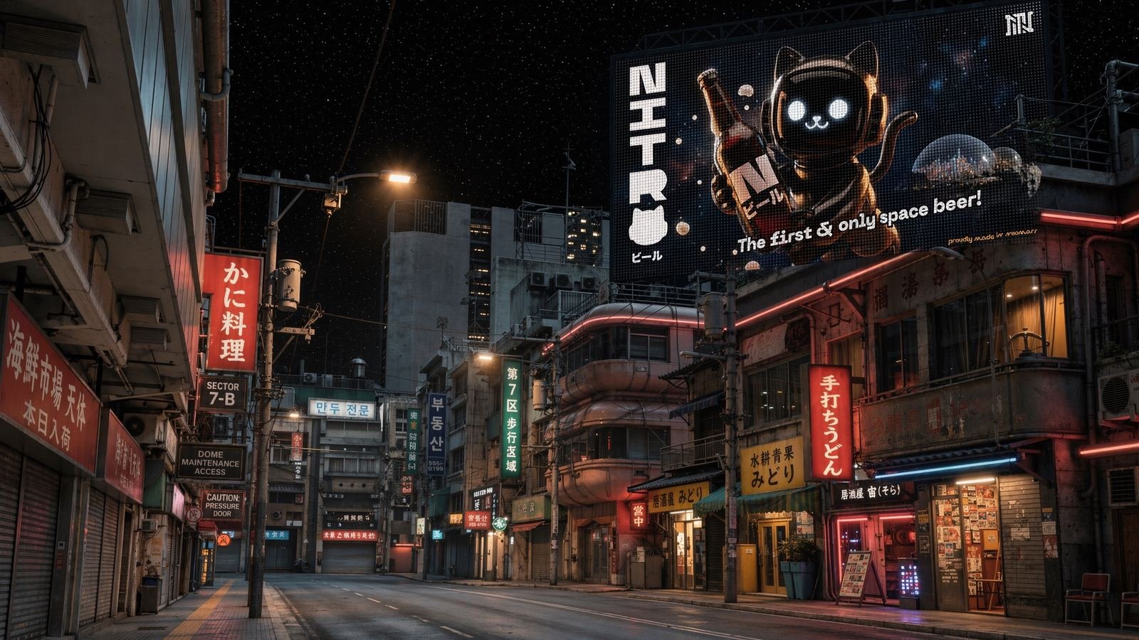 The NITRO billboard over a Neo-Mars street: the first and only space beer