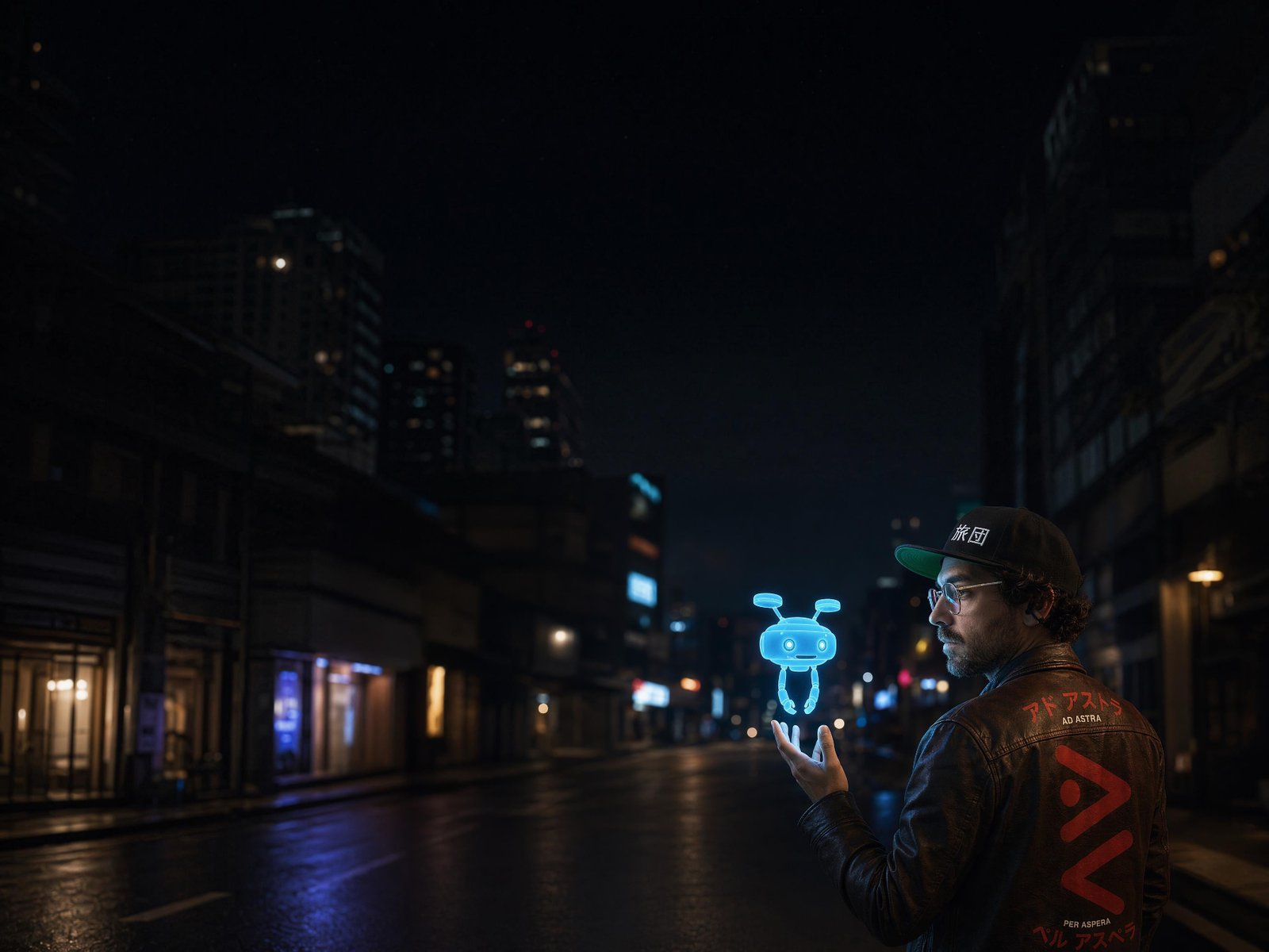 A Maver in the Ryodan jacket meets the agent droid hologram on his palm, at night
