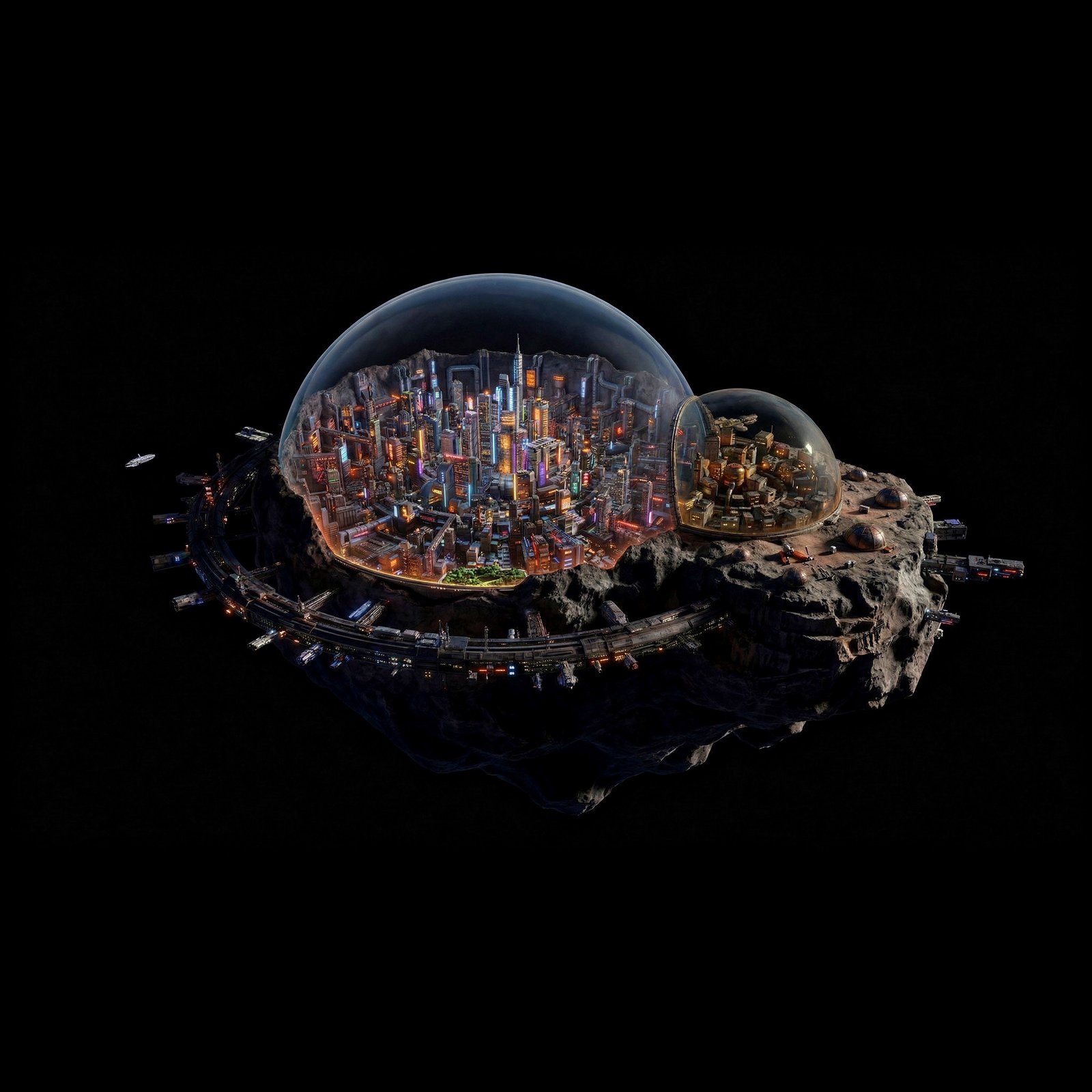 The Neo-Mars colony: a domed city on its asteroid, floating in black space