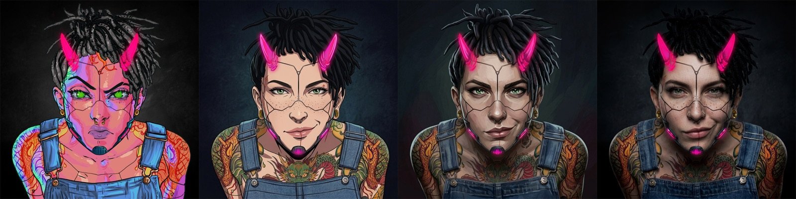 The same character rendered in four different anthology art styles