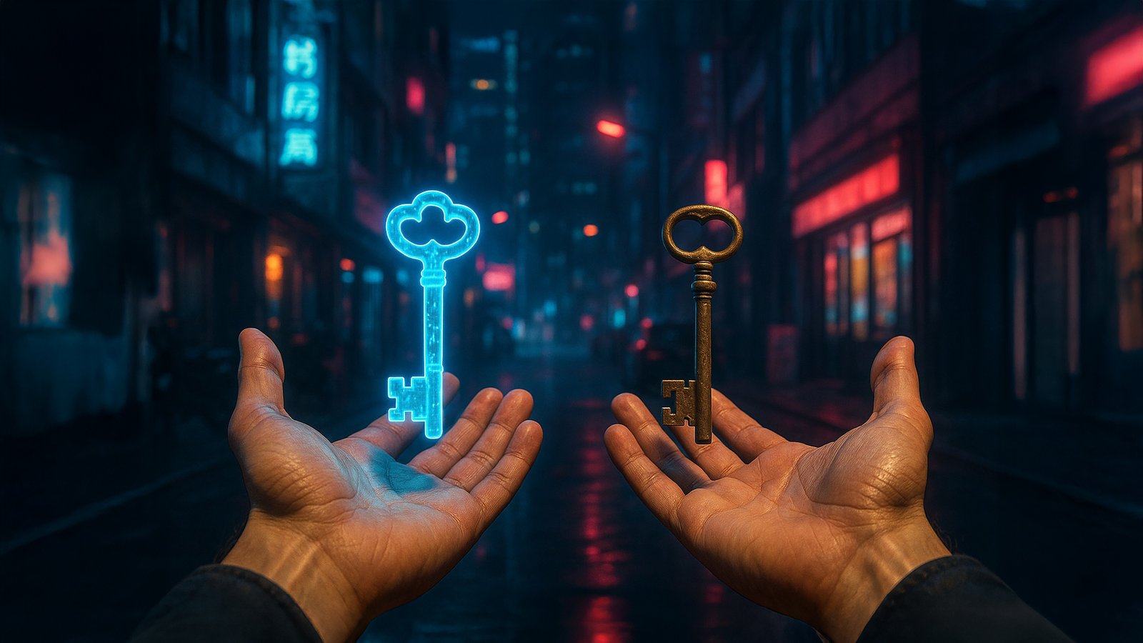 Two open hands: a holographic key and a physical key, same weight, same meaning