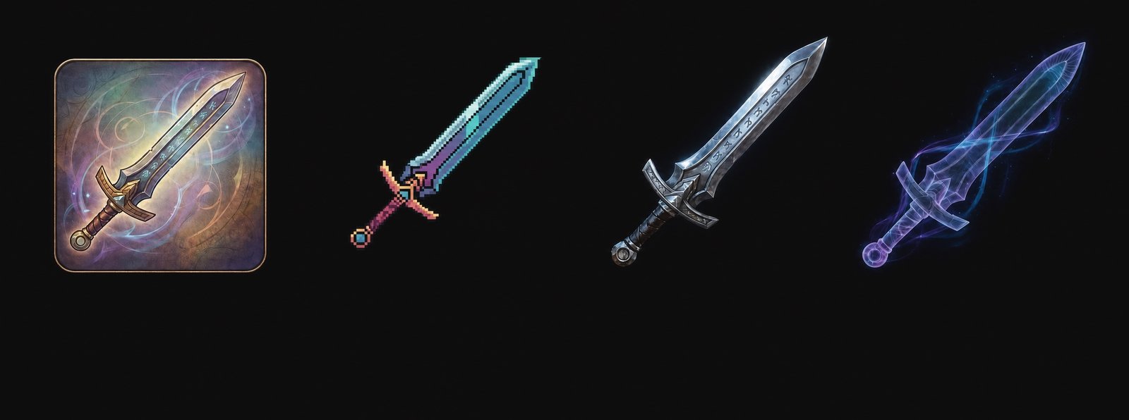 One sword NFT rendered four ways: marketplace card, 2D game, 3D game, VR and MR