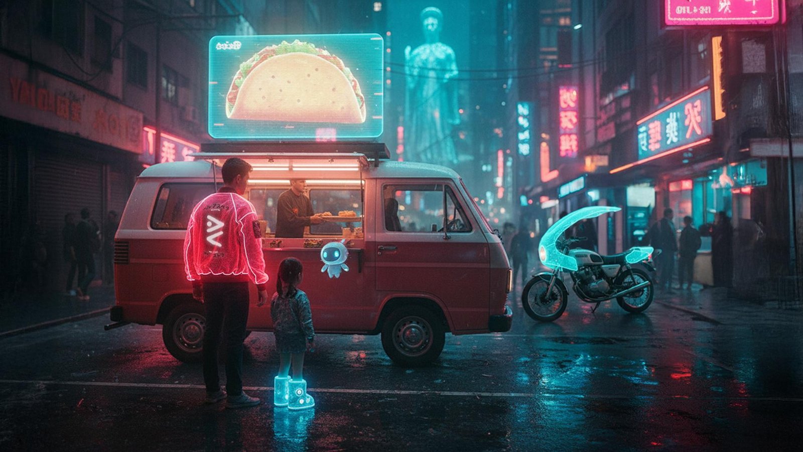 A street food truck under an AR taco billboard, a kid with holographic boots and a holographic scooter parked nearby